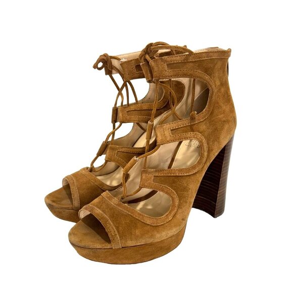 Vince Camuto Kamaye Ghillie Platform Sandal Tan Suede Lace-UP Chunky Heels 9 - Picture 2 of 12
